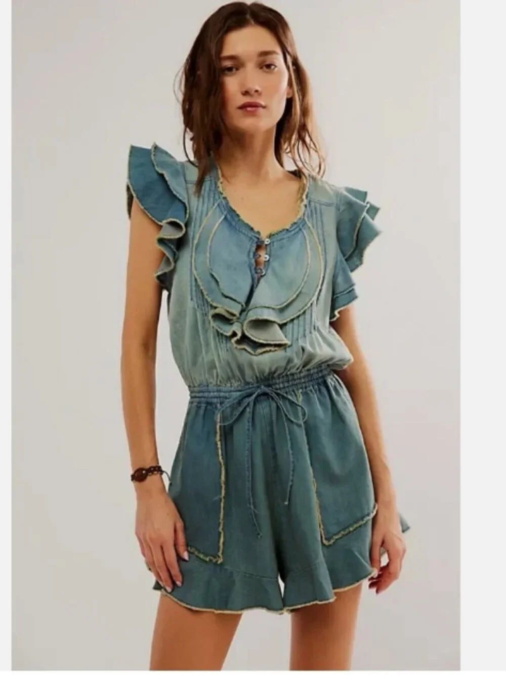 Free People Light Blue Washed Denim Ruffle Romper